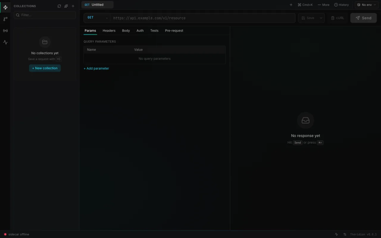 Theridion Net — REST request builder with a collections sidebar and response panel.